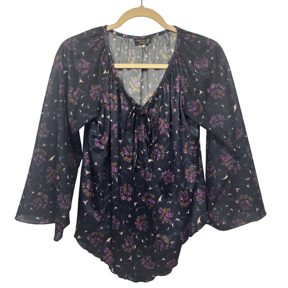 Vintage California Prints M Floral Boho Peasant Blouse Long Sleeve V-Neck Top